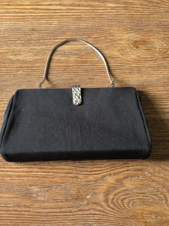 Vintage Handbags - Vintage Black Evening Clutch with Silver Chain Handle